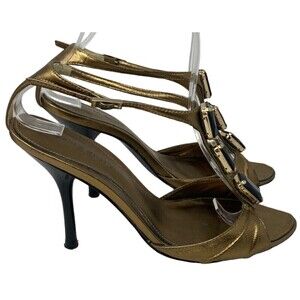 Karen Millen Leather T-Strap Stiletto Heel Pump Gold Size 37 EU 6 US